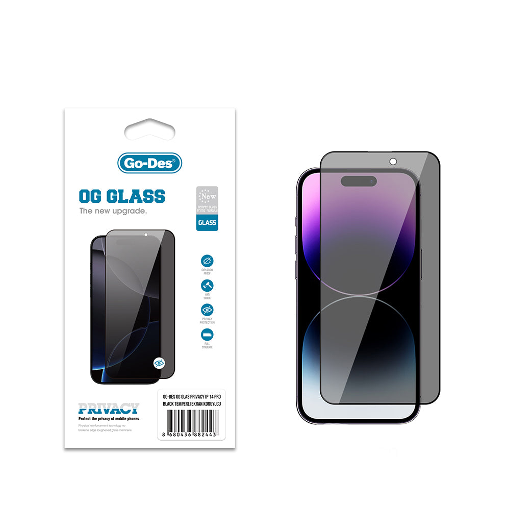 Go Des OG Glass iPhone 14 Pro Privacy Antistatik Temperli Cam Ekran Koruyucu Go Des OG Glass iPhone 14 Pro Privacy Antistatik Temperli Cam Ekran Koruyucu